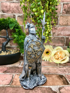 Pewter Effect Medieval Knight Standing with Spear Figurine Ornament