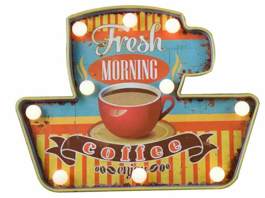Vintage Metal 3D LED Logo Sign Kitchen Lounge Coffee Wall Plaque Shabby Chic