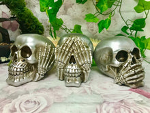 Load image into Gallery viewer, Set of Three Silver Wise Skulls Gothic Decor Hear See Speak No Evil Figures-OsirisTradingUK
