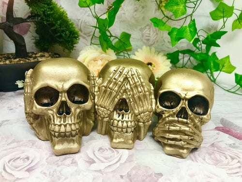 Set of Three Gold Wise Skulls Gothic Decor Hear See Speak No Evil Figures-OsirisTradingUK