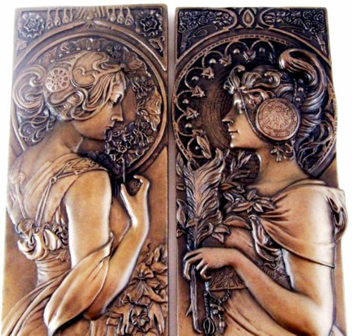 PAIR - Mucha Style Bronze Wall Plaques Art Nouveau Wall Art Sculptures-OsirisTradingUK