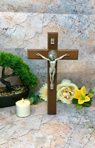 Wooden Crucifix Hanging Cross Brass Corpus Christi Jesus Christ Religious 28cm-OsirisTradingUK