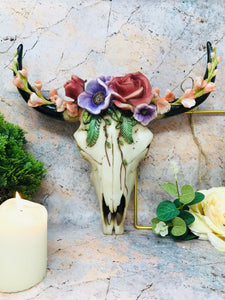 Floral Vintage Style Bison Skull Wall Plaque Cow Horns Animal Skulls Garden-OsirisTradingUK