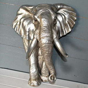 Large Antique Silver Effect Elephant Wall Plaque Bust Home Decor Sculpture Gift-OsirisTradingUK