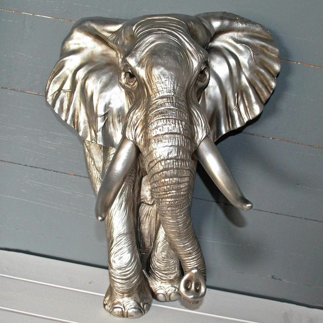 Large Antique Silver Effect Elephant Wall Plaque Bust Home Decor Sculpture Gift-OsirisTradingUK