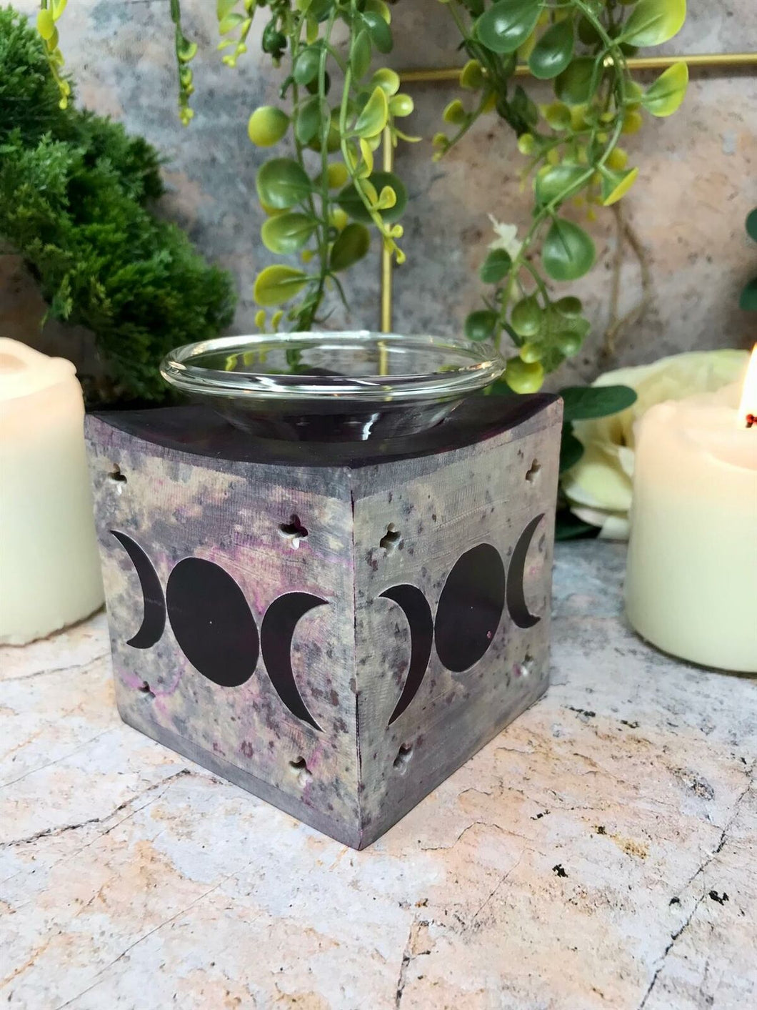 Soapstone Triple Moon Goddess Oil Burner Aromatherapy Wicca Pagan Decor-OsirisTradingUK