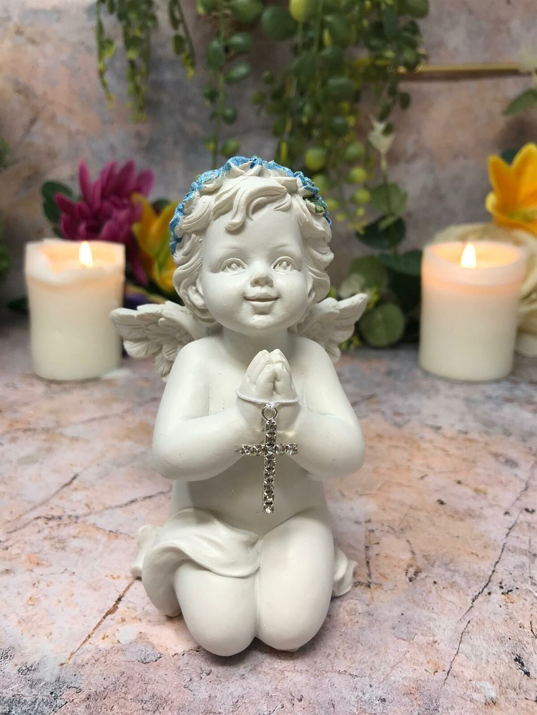 Guardian Angel Figurine Praying Cherub with Cross Statue Ornament Figure