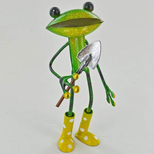 FABULOUS GREEN METAL GARDEN FROG WITH TROWEL SCULPTURE ORNAMENT FIGURE FROGS-OsirisTradingUK