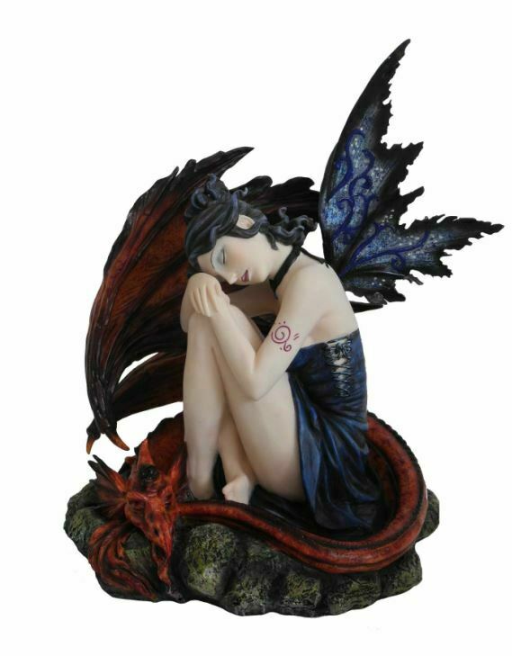 Large Dark Gothic Fairy and Dragon Companion Sculpture Statue Mythical Creatures