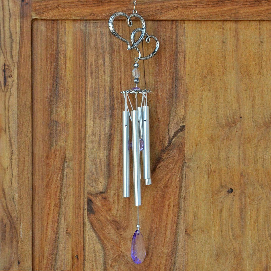 Silver Wind Chime with Hearts and Gem Hanging Decor Metal Suncatcher Suncatcher