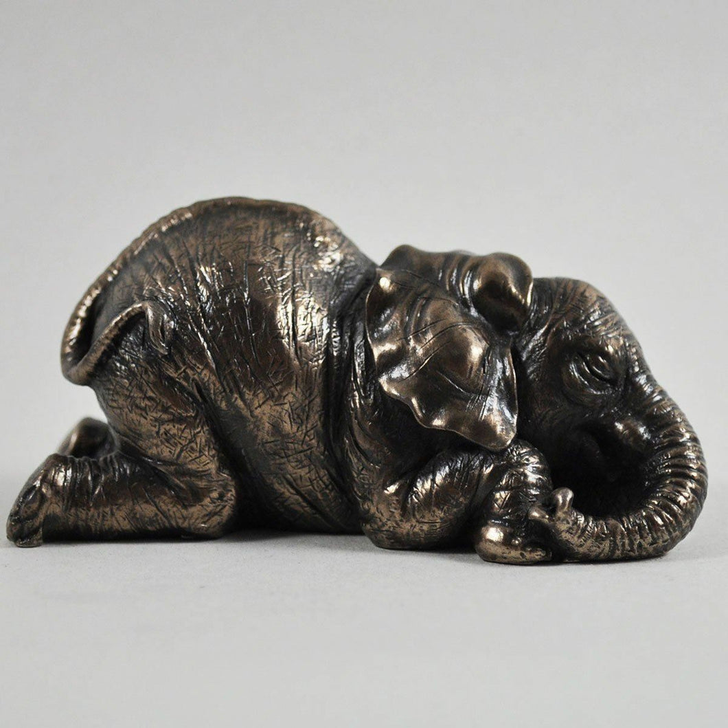 Small Elephant Lying Down Bronze Effect Sculpture Statue Gift Figurine