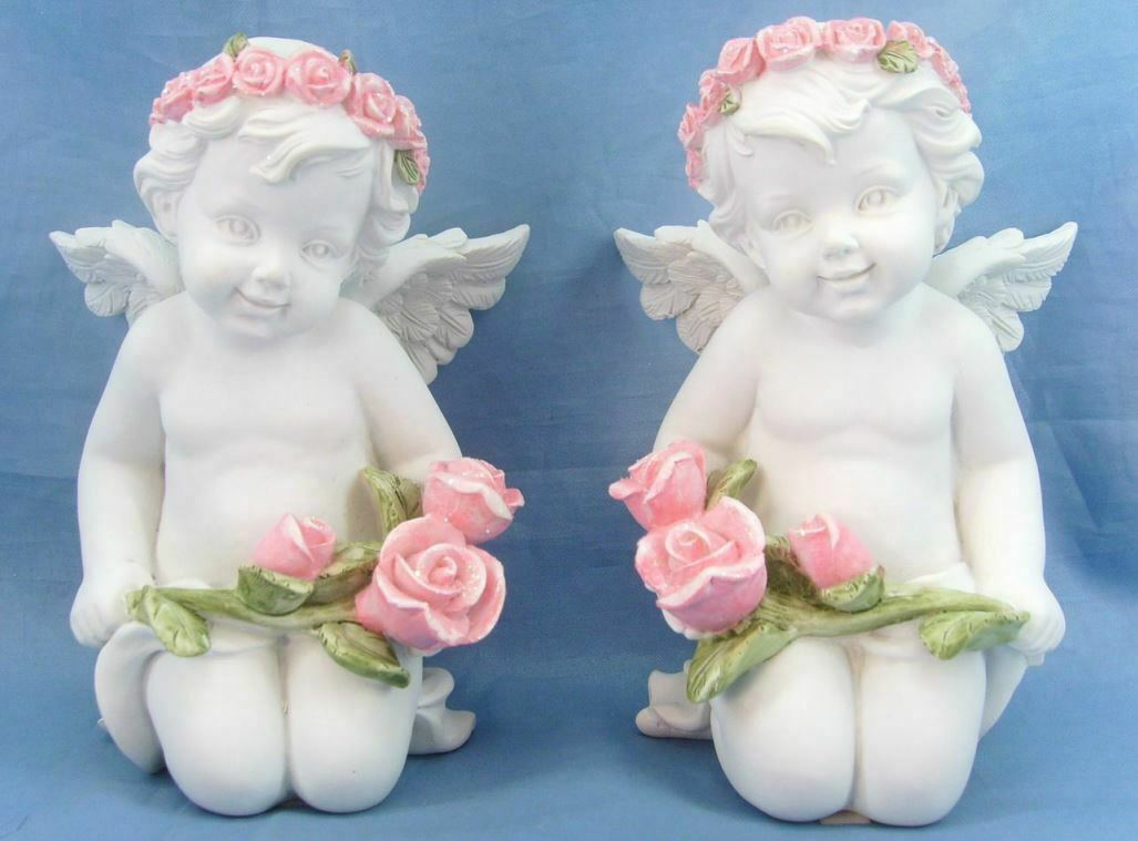 Pair of Guardian Angel Figurine Cherubs Holding Roses Statue Ornament Sculpture