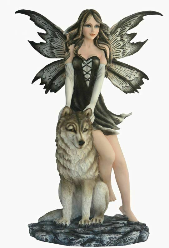 Large Fairy and Wolf Companion Sculpture Statue Mythical Creatures Figure Gift
