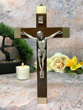 Laden Sie das Bild in den Galerie-Viewer, Walnut Wood Crucifix Cross Wall Hanging Silver Jesus Religious Gift-OsirisTradingUK
