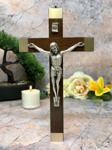 Walnut Wood Crucifix Cross Wall Hanging Silver Jesus Religious Gift-OsirisTradingUK