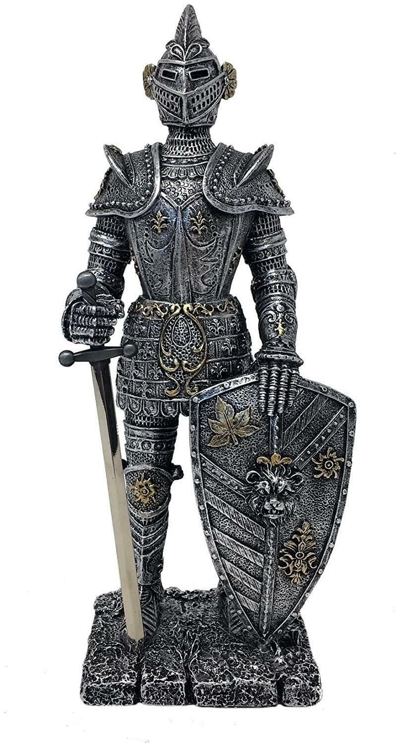 Templar Knight Standing with Sword & Shield Statue Ornament Medieval Sculpture