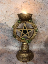 Load image into Gallery viewer, Celtic Pentagram Candle Holder Pagan Altar Decor Ornament Antique Gold Finish-OsirisTradingUK
