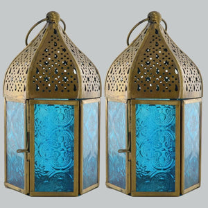 Pair of Moroccan Style Lanterns Brass Antique LED Tea Light Candle Holders Blue