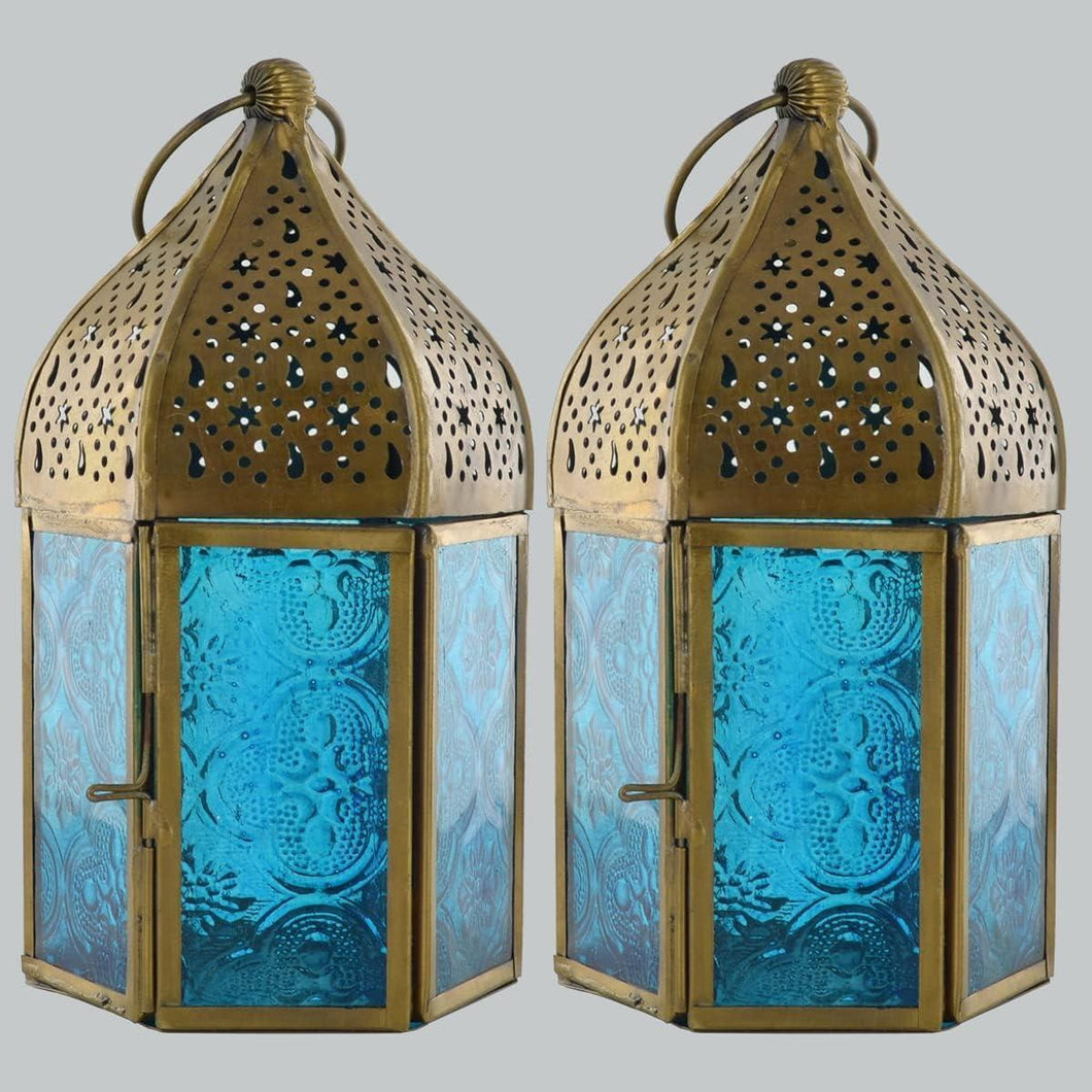 Pair of Moroccan Style Lanterns Brass Antique LED Tea Light Candle Holders Blue