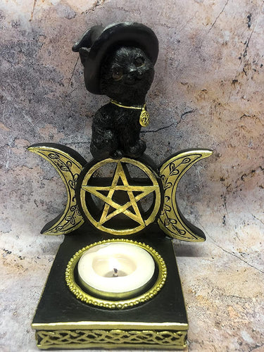 Witches Familiar Sculpture Triple Moon Goddess Cat Candle Holder Witch-OsirisTradingUK