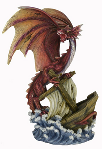 Large Red Dragon and Shipwreck Fantasy Sculpture Mythical Statue Ornament Gothic