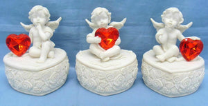 Set of Three Guardian Angel  Cherub and Heart Trinket Boxes Ornament Sculpture