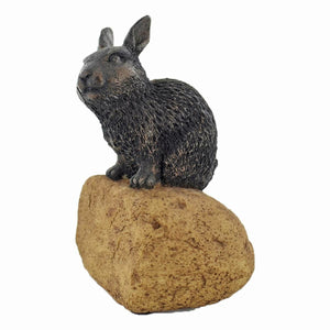 Bronze Bunny Rabbit on a Stone Figurine Statue Hares Gifts Sculpture