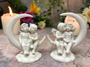Pair of Guardian Angels Figurine Cherubs Resting on Crescent Moon Ornament