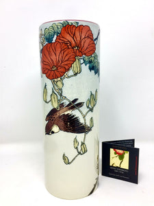 Ceramic Art Vase Gesso Yoshimoto Sparrow with Red Flowers Museum Reproduction-OsirisTradingUK