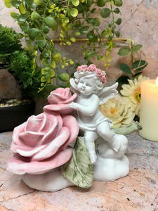 Guardian Angel Resting on Rose Figurine Cherub with Flower Statue Ornament