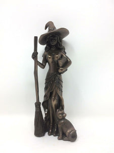Bronze Witch Black Cat Sculpture Wiccan Ornament Pagan Figurine Altar Statue