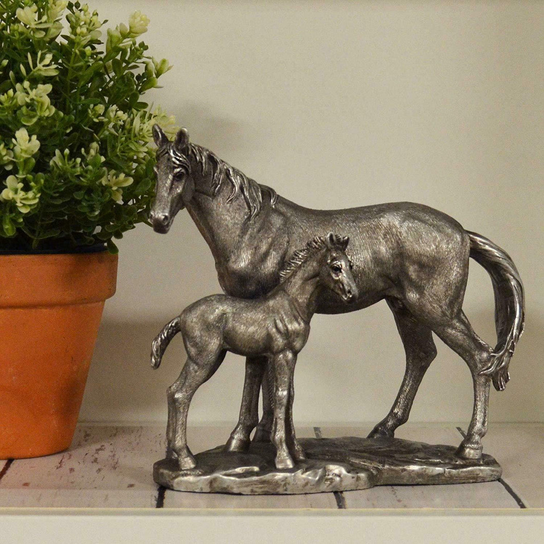 Antique Effect Silver Foal and Mare Horses Sculpture Statue Ornament Gift