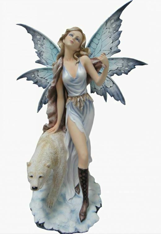 Large Fairy and Polar Bear Companion Sculpture Statue Mythical Creatures Figure-OsirisTradingUK