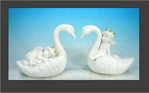 Pair of Guardian Angel Figurine Cherubs on Swan  Statue Ornament Sculpture