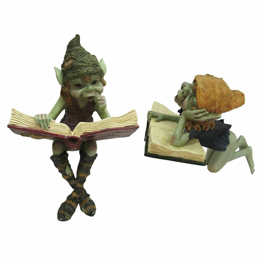 Two Pixies Reading Shelf Sitters Garden Ornaments Figures Gnome Elves Goblins