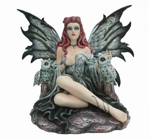 Large Dark Fairy and Owl Companion Sculpture Statue Mythical Creatures Figure