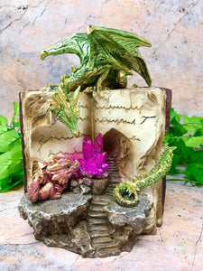 Green Dragon Guardian of Spell Book Statue with LED Light Dragons Collection-OsirisTradingUK