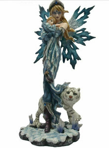 Ice Fairy with Infant and White Tiger Companion Sculpture Statue Gift Ornament