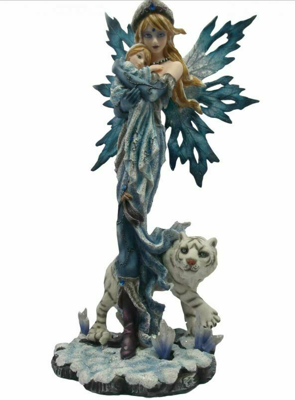 Ice Fairy with Infant and White Tiger Companion Sculpture Statue Gift Ornament