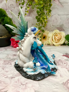 Sitting Blue Winter Fairy with Unicorn Display Figurine Statue Ornament-OsirisTradingUK