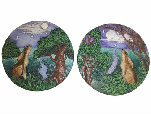 Set of 2 Moongazing Hare Plaques Stepping Stones Wiccan Pagan Altar Decorations-OsirisTradingUK