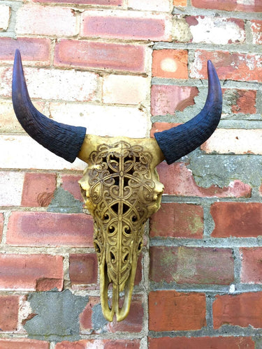 Large Bison Skull Ornament Wall Plaque Cow Bull Sculpture Oriental Style Pattern-OsirisTradingUK