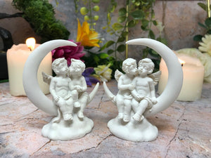 Pair of Guardian Angels Figurine Cherubs Resting on Crescent Moon Ornament