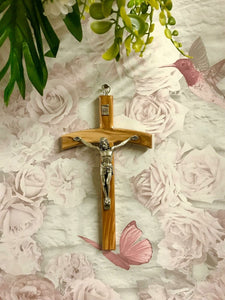 Olive Wood Crucifix Hanging Wall Cross Silver Metal Corpus Religious 20 cm-OsirisTradingUK