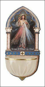 Luminous Divine Mercy Holy Water Font with Gold Foil Highlights Religious Gift