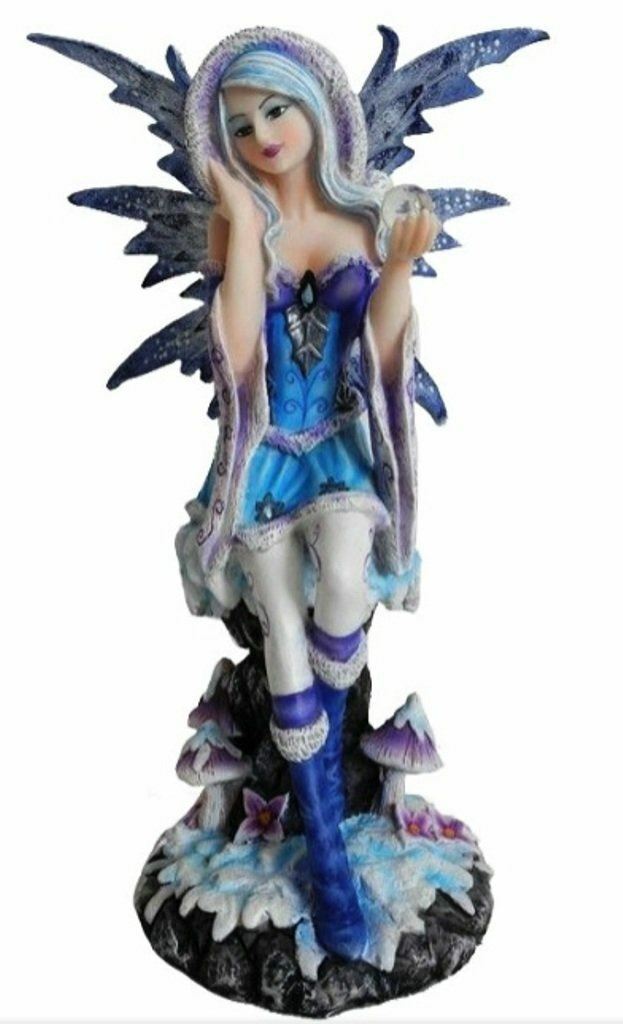 Blue Sitting Winter Fairy Holding Crystal Ball Figurine Statue Ornament