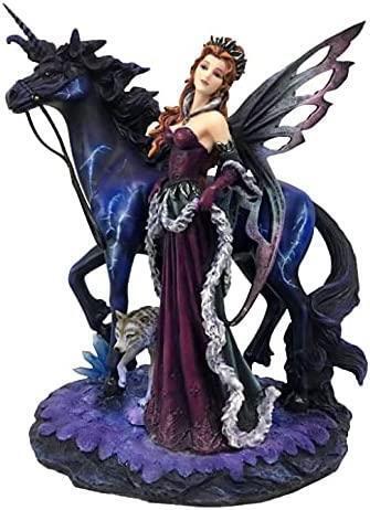 Fairy and Black Unicorn and Wolf Sculpture Statue Mythical Creatures Figure Gift-OsirisTradingUK