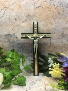 Dark Wood Crucifix Metal Inlay Corpus Christi Jesus Cross Religious Ornament-OsirisTradingUK