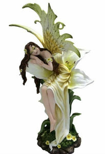 Large Fairy Resting On Lily Sculpture Statue Mythical Creatures Figure Gift