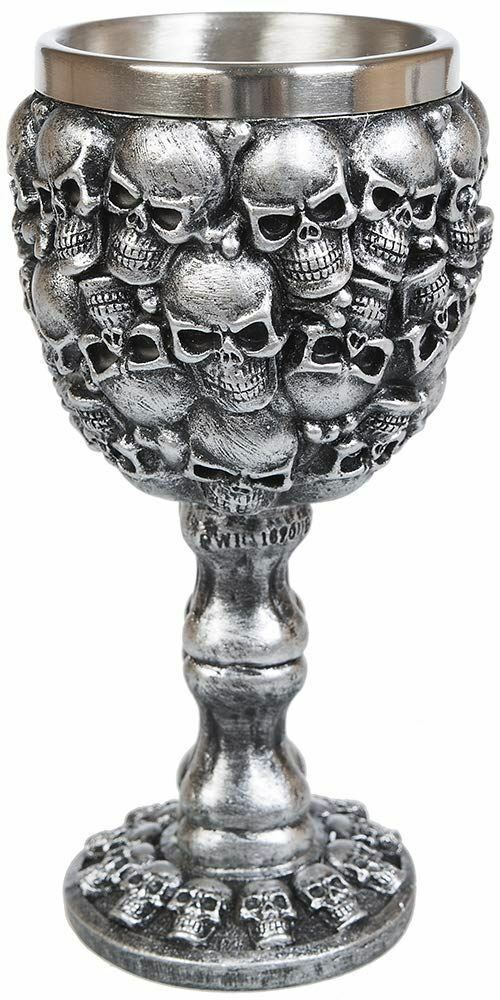 Silver Effect Skulls Goblet Chalice Drinking Cup Gothic Ornament Home Decoration